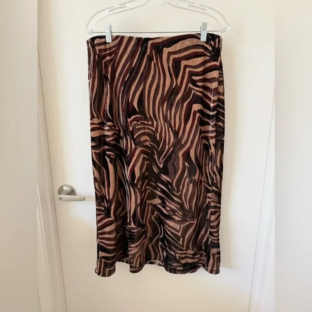 Anthropologie Brown Zebra Print Velvet Burnout Midi Skirt Size Large Y2K Trend